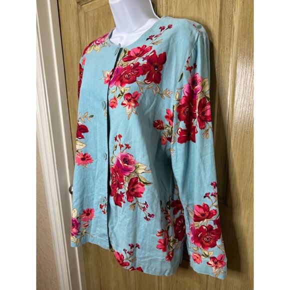 Susan Graver Style Floral Jacket Top Womens Blue Linen Blend Long Sleeve Medium - Picture 4 of 6